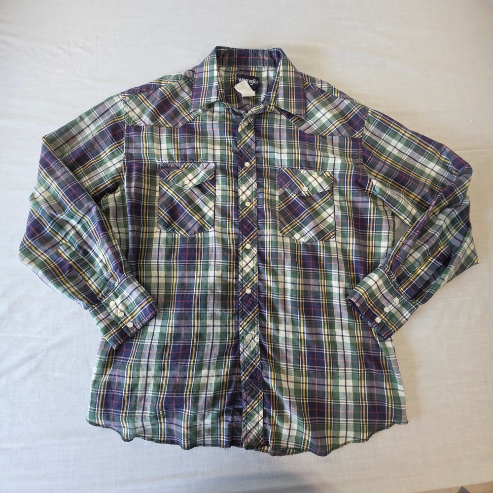 Wrangler Pearl Snap Western Shirt Plaid‎ Long Sleeve Green Navy XL Cowboy 90s